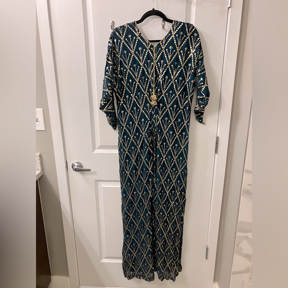 Green and Gold Sequin Embroidered Kaftan Dress - Picture 3 of 3